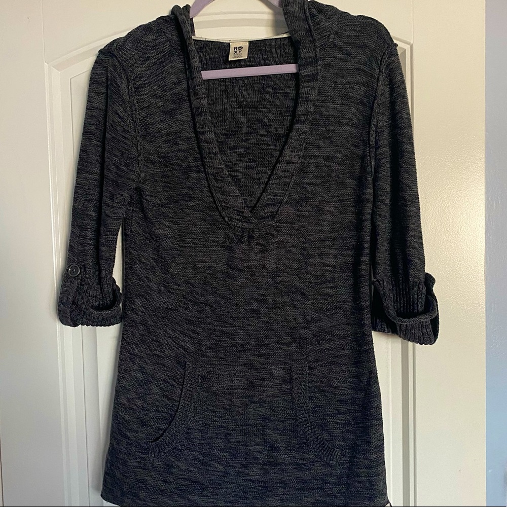 Roxy pullover sweater, long tunic style with hood, size Med